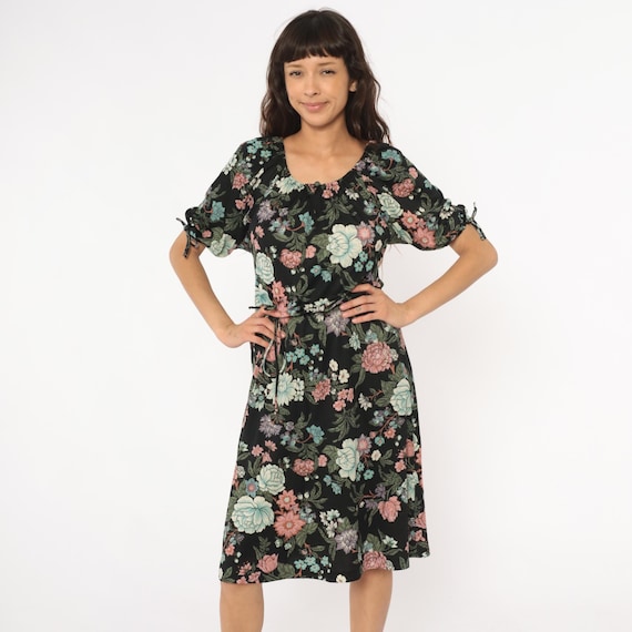 70s Floral Dress Black Pastel Pink Mint Green Flowers Cottagecore Short Tie Sleeve Prairie Fairycore Summer Sundress Grunge Vintage Small S