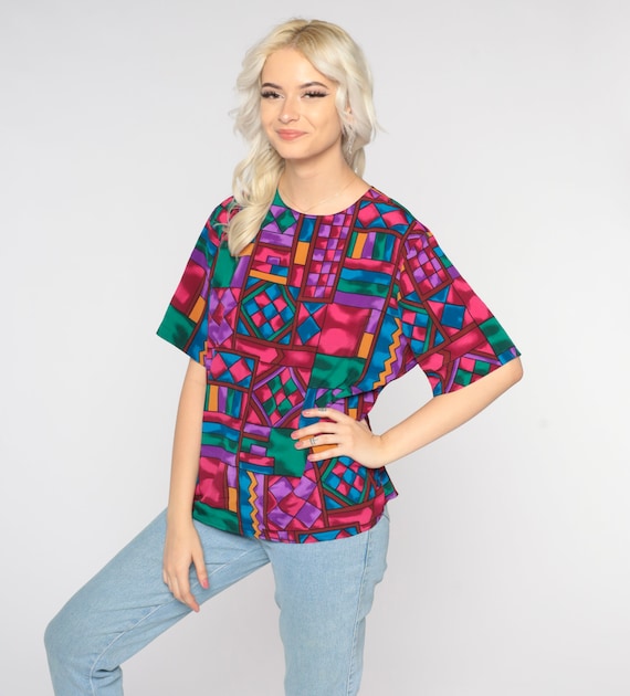 80s Geometric Blouse Abstract Rainbow Square Print Shirt Patterned Top Short Sleeve Retro Boho Hipster Grunge Bohemian Vintage 1980s Large L