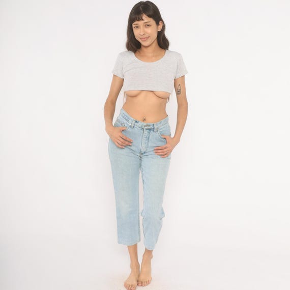 90s Guess Jeans Light Wash Denim Crop Straight Leg High Waisted Cotton Mom Jean Faded Blue Capri Pants Vintage Ankle Length Trousers W30 L30