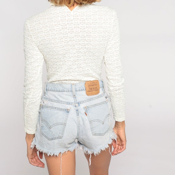 White Lace Bodysuit 80s Mock Neck Leotard Semi Sh… - image 5