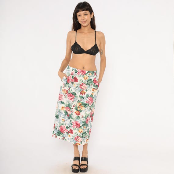Floral Pencil Skirt 90s Rose Print Cotton White Pink Green Botanical Garden Fitted High Waist Flower Cream Straight Vintage Skirt Large L