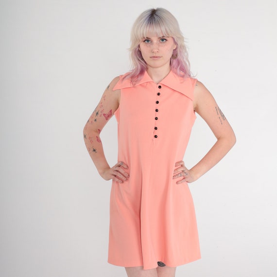 Peach Mod Mini Dress 60s 70s Shift STEWARDESS Dre… - image 5