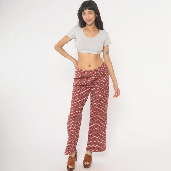 70s Chain Print Pants Geometric Red White Brown Wide Leg Flare High Rise Disco Hippie Bohemian Trousers Vintage Bold Pattern Medium M