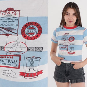 90s Crop Top rayas bebé camiseta azul blanco rojo ringer camiseta deportes vela golf tenis gráfico camiseta recortada vintage 1990s extra pequeño xs imagen 1