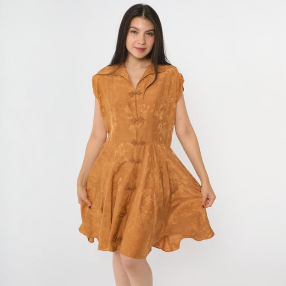 Vintage 50s Silk Asian Style Dress 1950s Gold Jacquard Dynasty Cap Sleeve Chinese Knot Button Fit Flare Asian Style Mid Century Mini Medium