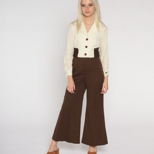 70s Bell Bottom Jumpsuit Cream Hippie Boho Jumpsuit Button Up Brown Wide Leg Pants High Waisted Bohemian Vintage 1970s Long Sleeve Medium M
