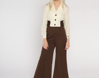 70s Bell Bottom Jumpsuit Cream Hippie Boho Jumpsuit Button Up Brown Wide Leg Pants High Waisted Bohemian Vintage 1970s Long Sleeve Medium M