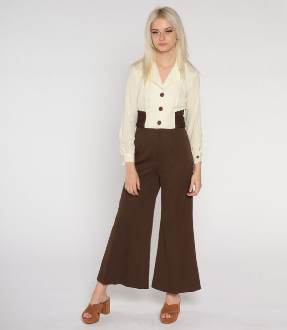 70s Bell Bottom Jumpsuit Cream Hippie Boho Jumpsuit Button Up Brown Wide Leg Pants High Waisted Bohemian Vintage 1970s Long Sleeve Medium M