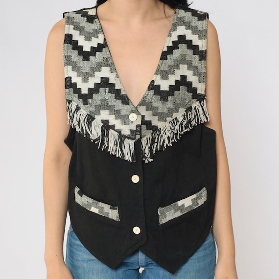 90s Tapestry Vest Fringe Trim Vest Black White Southwestern Boho Button Up Sleeveless Top Western Geometric Festival Vintage 1990s Medium