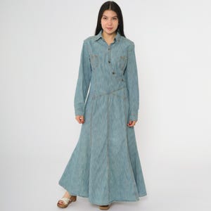 Y2K Denim Maxi Dress Western Jean Button Up Dress 90s Grunge Blue Collared Flared Skirt Vintage Retro 00&#39;s Long Sleeve Size 16 Large/XL
