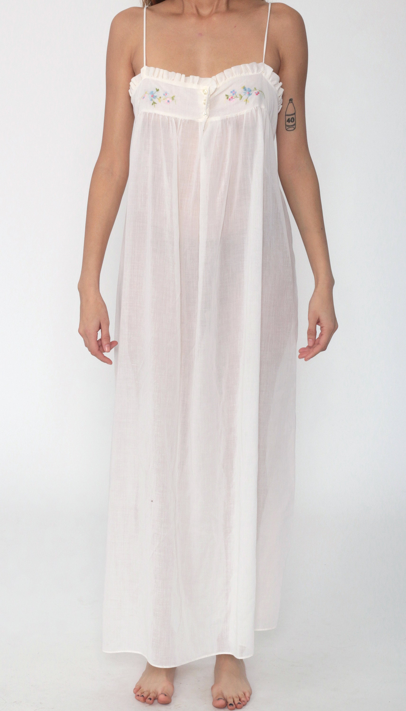Sheer White Dress Bohemian 70s EMBROIDERED Cotton Gauze Floral Summer