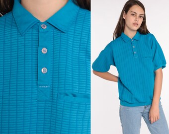 Blue Polo Shirt 80s Short Sleeve Shirt Button Neck Top Polo Shirt Slouchy Top 1980s Vintage Pullover Medium Large