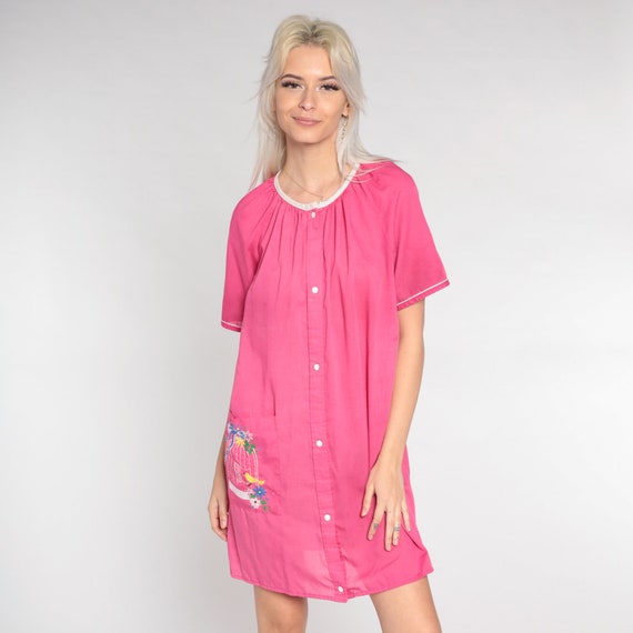 Pink Nightie 80s Pajama Dress Floral Bird Embroid… - image 5