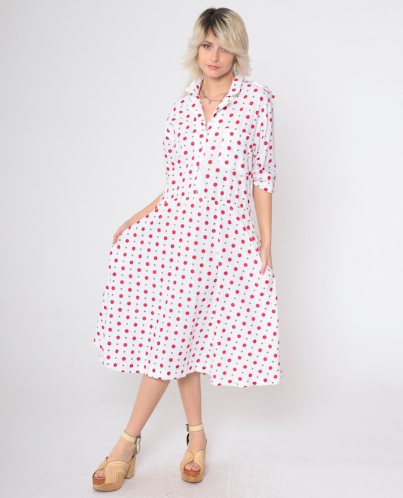 Polka Dot Shirt Dress 80s Button Up Midi Dress Polka Dot Red White Secretary Shirtdress Low Waist 1980s Vintage Short Sleeve Dress Medium 8