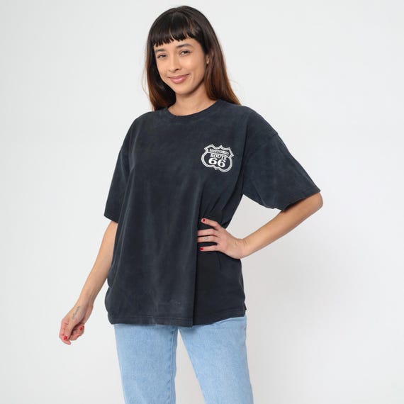 Route 66 Shirt 90s Black Distressed Graphic Tee Cotton Grunge Streetwear Biker Motorcycle Highway Crew Neck Faded Vintage Extra Large XL