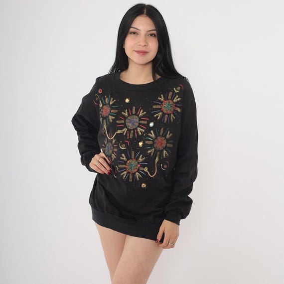 Vintage Hand Painted Sweatshirt 90s Metallic Beaded Graphic Embellished Chain Holiday Christmas Crewneck 1990s Black Raglan Sleeve Medium M
