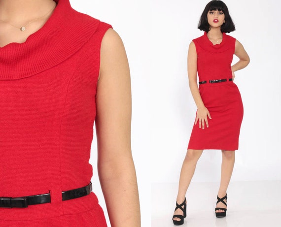 60s Wiggle Dress Red WOOL Dress Pencil Mini Sheath Mad Men BELTED High Waist Day 1960s Secretary Vintage Knee Length Extra Small xs s