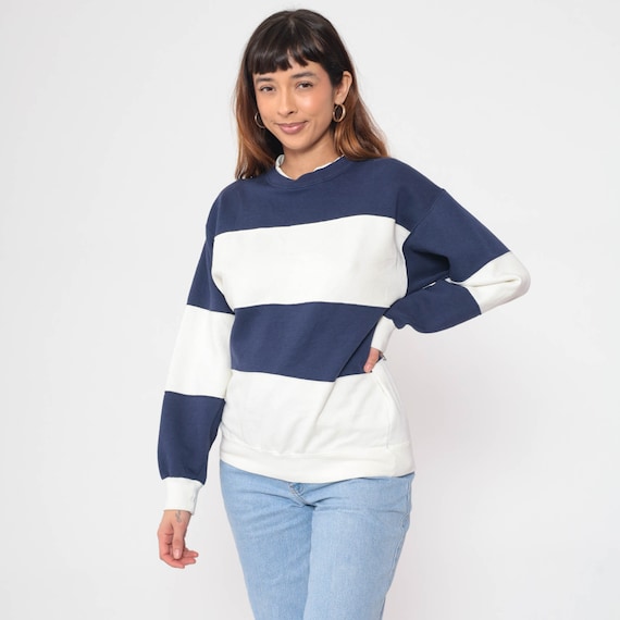 90s Color Block Sweatshirt White Navy Blue Striped Sportswear Double Crewneck Pullover Shirt 1990s Vintage Athleisure Small S