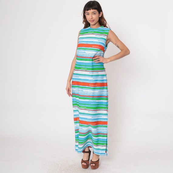70s Striped Column Dress Blue Green Maxi Dress Sleeveless Bohemian Disco Button Side Slit Mod 1970s Boho Vintage White Orange Medium Large