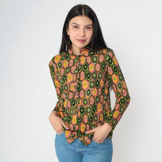 70s Boho Shirt Psychedelic Floral Blouse Olive Green Neon Pink Orange Top Mandarin Hippie 1970s Vintage Bohemian Button Up Long Sleeve Small