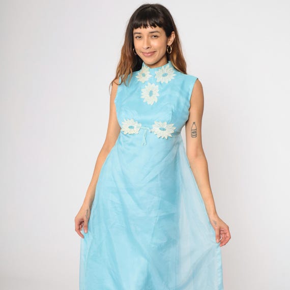 60s Blue Organza Formal Dress Vintage Floral Lace Trim Maxi Dress Mod Party Prom 1960s Empire Waist Mock Neck Pastel Sleeveless Small 6