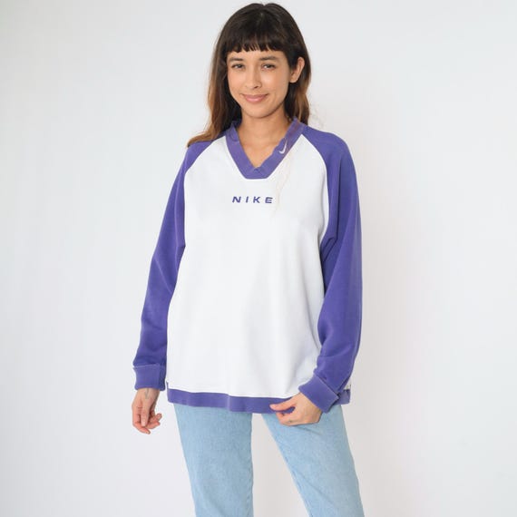 Vintage 90s Nike V-Neck Sweatshirt Women's Purple White Color Block Pullover Logo Swoosh 1990s Streetwear Slouchy Raglan Sleeve Large 12-14