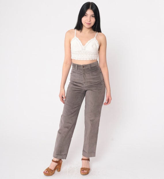 Grey Straight Leg Trousers 80s Soft Faux Suede Pants Plain High Waisted Rise Slacks Creased Retro Vintage 1980s Extra Small xs