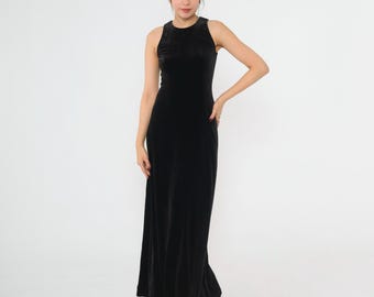 90s Black Velvet Gown Papell Boutique Evening Dress Sleeveless Sheath Rhinestone Button Back Vintage 1990s Formal Maxi Dress Small 4