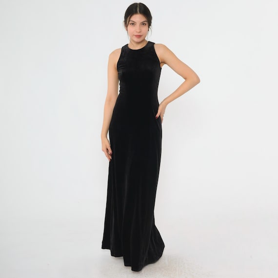 90s Black Velvet Gown Papell Boutique Evening Dress Sleeveless Sheath Rhinestone Button Back Vintage 1990s Formal Maxi Dress Small 4