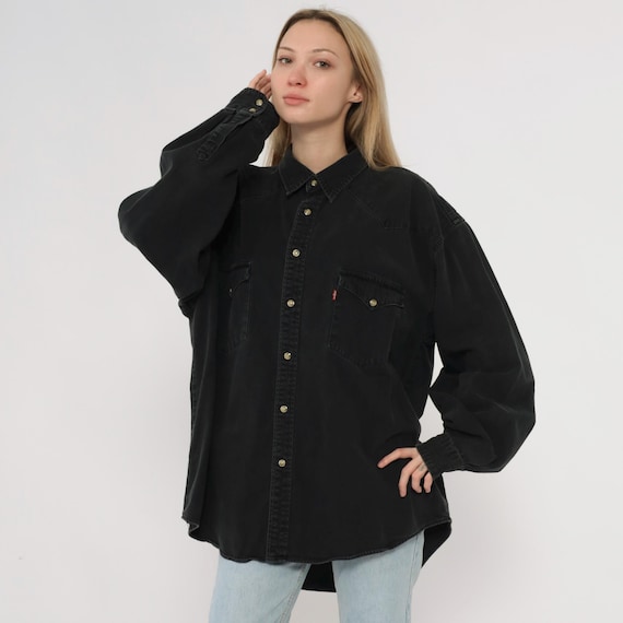 Levis Black Denim Shirt Y2K Snap Button Front Western Long Sleeve Grunge Streetwear Cowboy Utility Work Wear Plus Size Extra Extra Large XXL