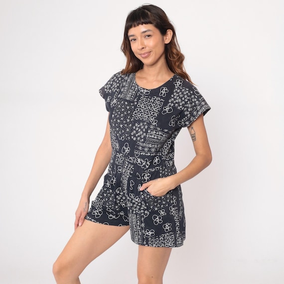 Floral Print Romper 90s Black White Short Sleeve Playsuit One Piece Vintage Shorts Jumpsuit Summer Beach Day Scooter Pattern Large L