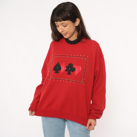 Playing Card Sweatshirt 90s Red Casino Applique Studded Gold Hearts Spades Clubs Diamonds Graphic Crewneck Pullover Vintage Poker Large L