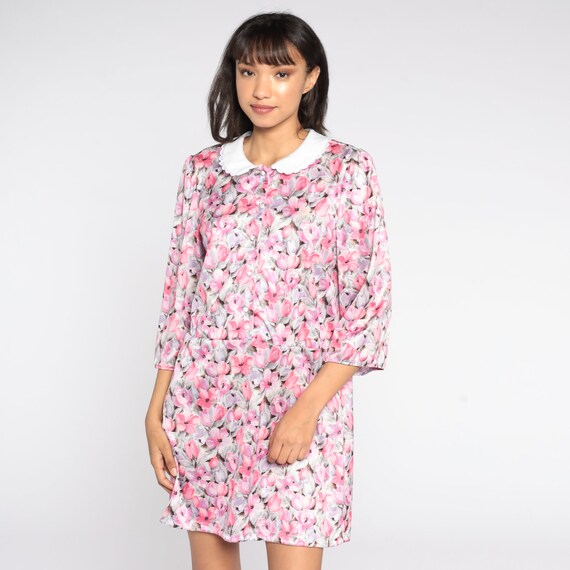 80s Floral Dress Pink Peter pan collar Mini Boho PUFF SLEEVE Dress Button Up Dress Vintage 1980s High Waisted Bohemian Medium Large