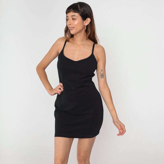 Vintage 90s Black Bodycon Dress Spaghetti Strap Stretchy Body Con Tank Dress Mini 1990s Club Dress Plain Sleeveless Medium M