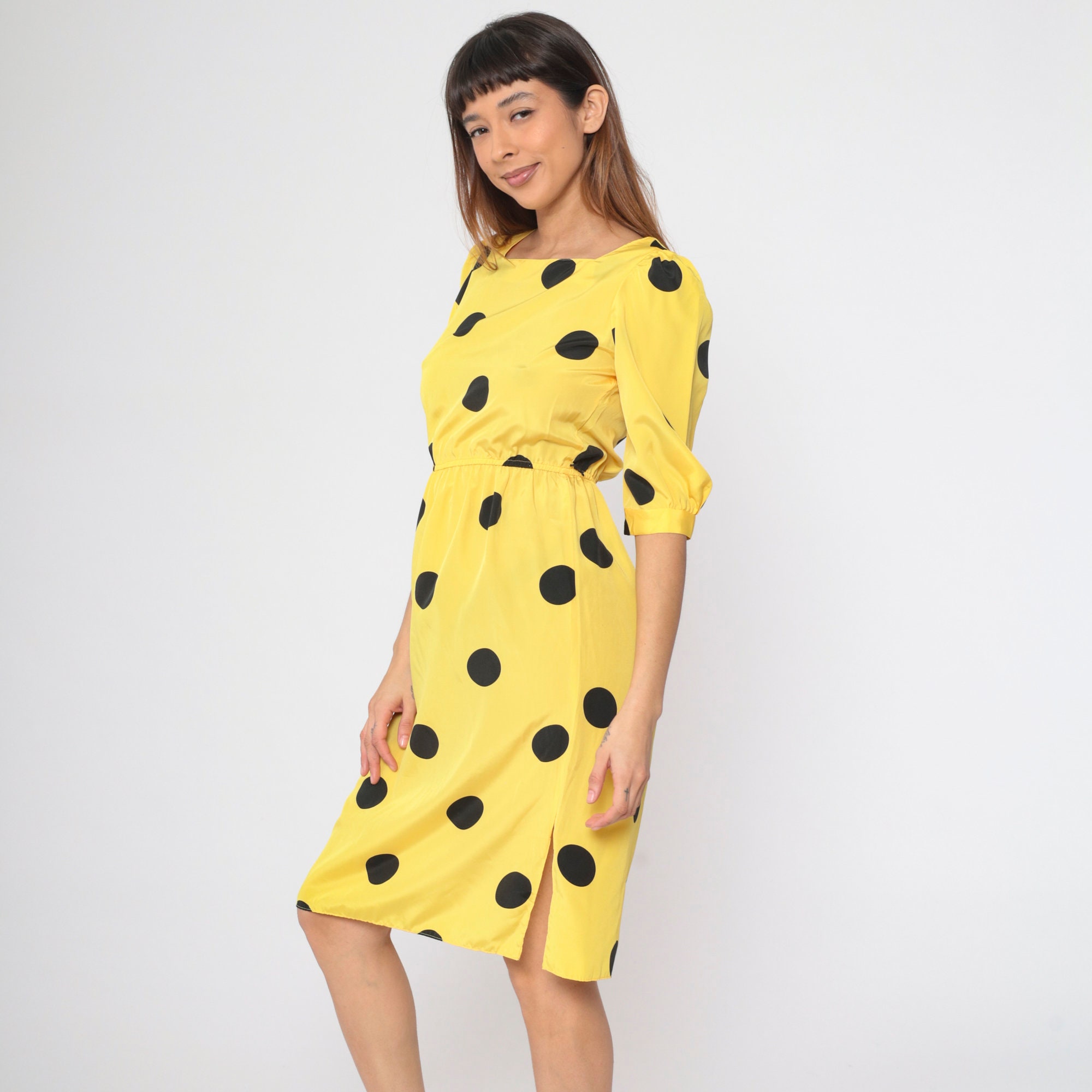 Yellow Polka Dot Dress 80s 3/4 Puff Sleeve Midi Dress Black