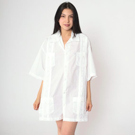 Y2K White Guayabera Shirt Short Sleeve Button Up Embroidered 4 Pocket Resort Wedding Summer Top Vintage Collared Men's Extra Large xl