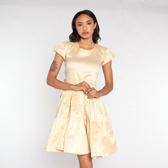 Cream Party Dress 70s Mini Dress Tiered Flounce F… - image 2
