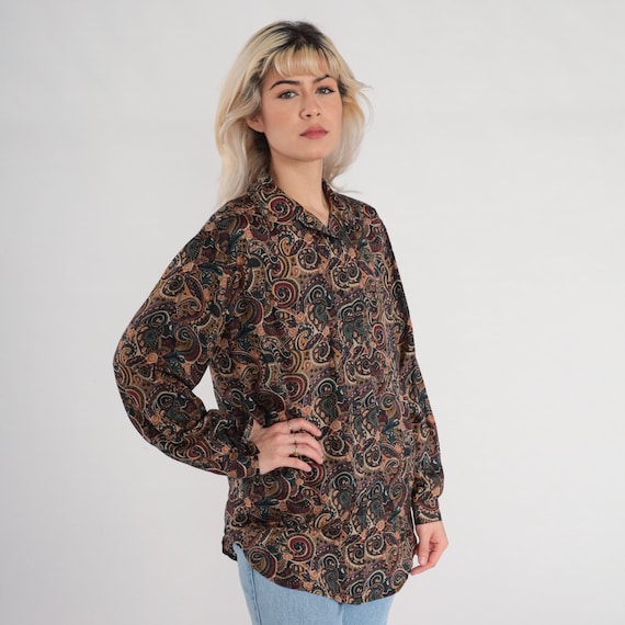 Vintage 90s Silk Blouse Button Up Shirt Abstract Paisley Swirl Print Bohemian Top Retro Long Sleeve Boho Hippie Collared Brown 1990s Small S