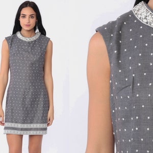 60s Polka Dot Dress Grey Mod Mini Dress Shift Lace Trim Cocktail Party 1960s Space Age Vintage Sleeveless Minidress Small 6 image 1