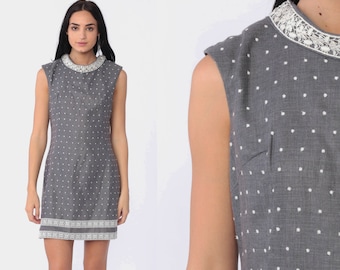 60s Polka Dot Dress Grey Mod Mini Dress Shift Lace Trim Cocktail Party 1960s Space Age Vintage Sleeveless Minidress Small 6