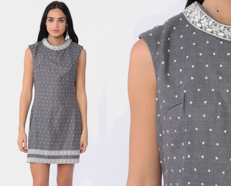 60s Polka Dot Dress Grey Mod Mini Dress Shift Lace Trim Cocktail Party 1960s Space Age Vintage Sleeveless Minidress Small 6 image 1