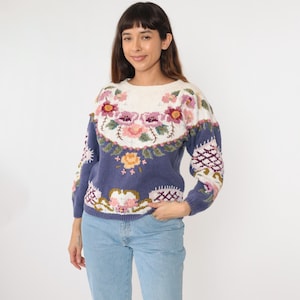 Vintage Embroidered Floral Sweater 90s Purple White Knit Sweater Boho Pullover Retro Flower Color Block Spring 1990s Cotton Ramie Medium