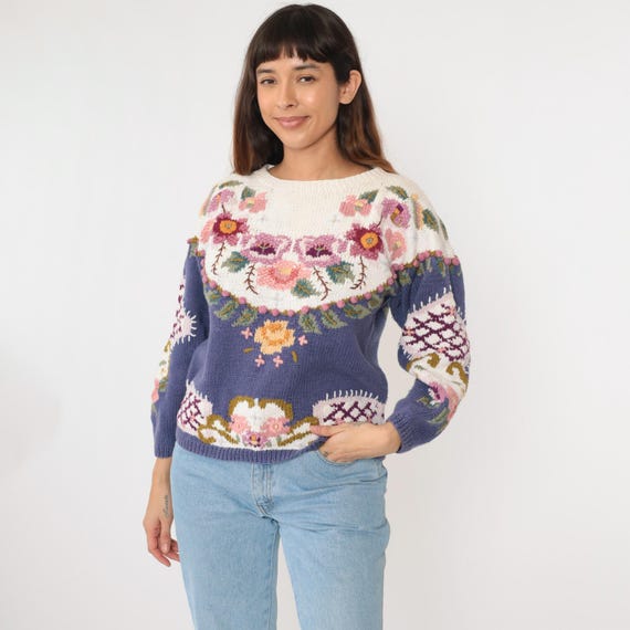 Vintage Embroidered Floral Sweater 90s Purple White Knit Sweater Boho Pullover Retro Flower Color Block Spring 1990s Cotton Ramie Medium