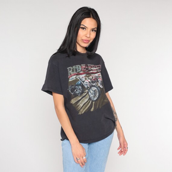 Vintage Motorcycle Shirt 00s Ride Free Biker T Shirt Motorcycle TShirt American Flag Patriotic 2000s Graphic Tee Black Vintage Medium Large