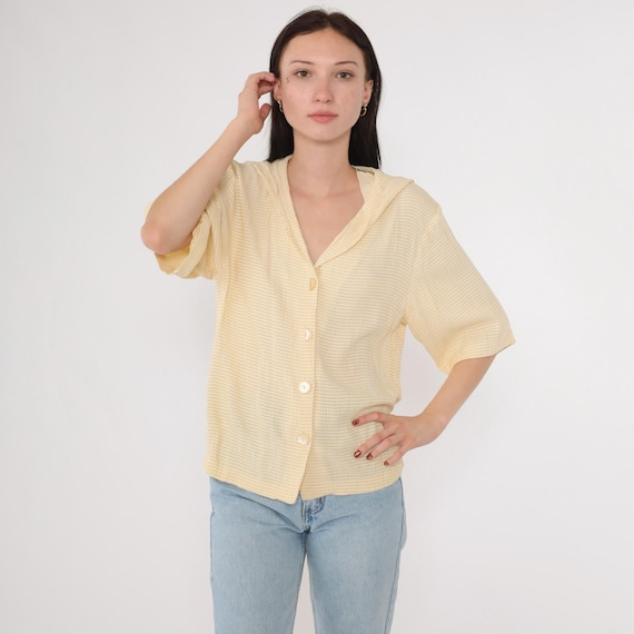 90s Yellow Gingham Blouse Sailor Collar Checkered Blouse Button up Shirt 1/2 Sleeve Collared Top Preppy Retro Vintage 1990s Medium