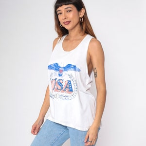 USA Eagle Tank Top 90s Patriotic Graphic Tee Shirt Faded Red White Blue Sleeveless Biker Top Olive Branch Arrow 1990s Retro Medium Large image 4