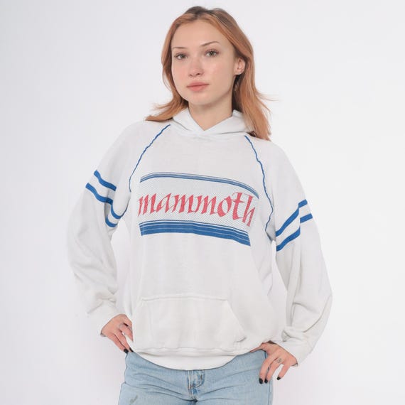 80s Mammoth Hoodie White Blue Striped Sleeves Raglan Pullover Hooded Sweatshirt Vintage Ski Resort Drawstring Kangaroo Pocket Extra Large XL