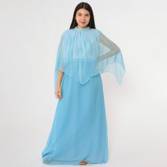 70s Cape Maxi Dress Blue Chiffon Sheer Overlay High Neck Flowy Vintage Evening Gown Retro Formal Occasion Long Sleeve Effect Extra Large XL