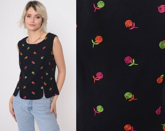 Black Floral Tank Top 90s Embroidered Blouse Sleeveless Shirt Retro Button Back Party Round Neck Neon Flower Print Vintage 1990s Medium 8