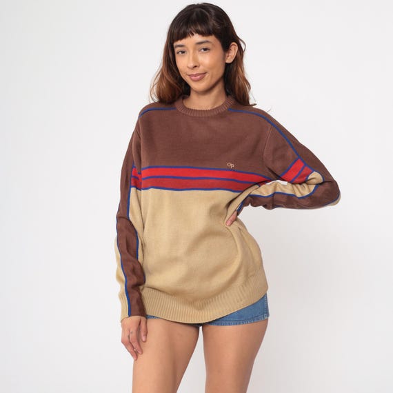 OP Colorblock Sweater Vintage 80s Ocean Pacific Brown Tan Red Stripe Ski Snowboard Layering Preppy Knit Crewneck Pullover Retro Medium M